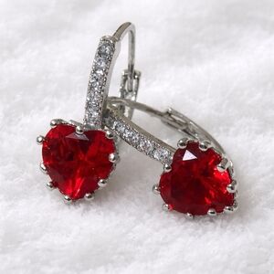 Ruby Red Heart Crystal Drop Earrings – Silver Pavé Romantic Valentine Jewelry